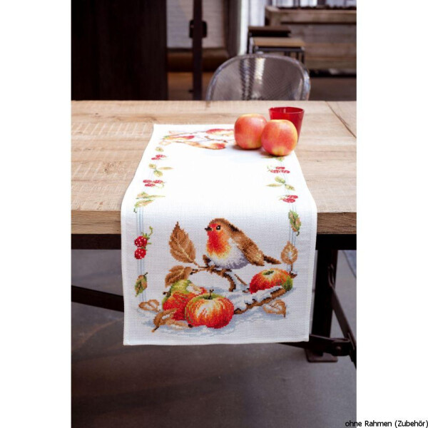 Vervaco Aida table runner stitch embroidery kit Robin redbreast with apples, counted, DIY