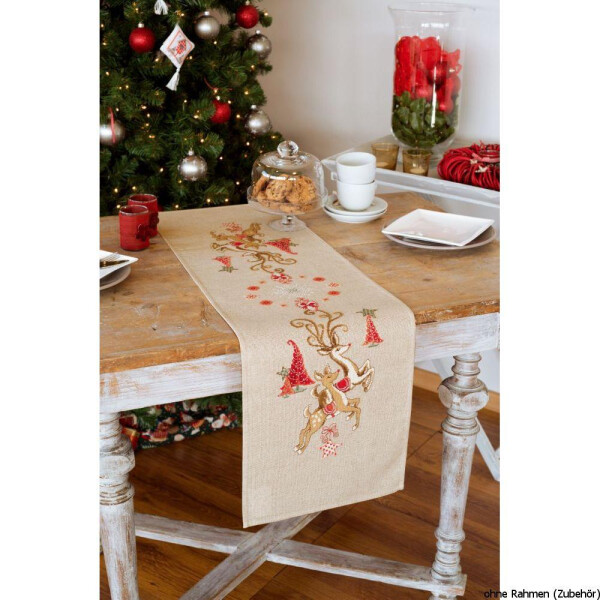 Vervaco table runner stitch embroidery kit Jumping reindeers, counted, DIY