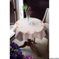 Vervaco tafelkleed "Roze bloemen met vlinders", borduurmotief getekend