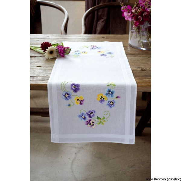 Vervaco table runner stitch embroidery kit Pretty pansies, stamped, DIY