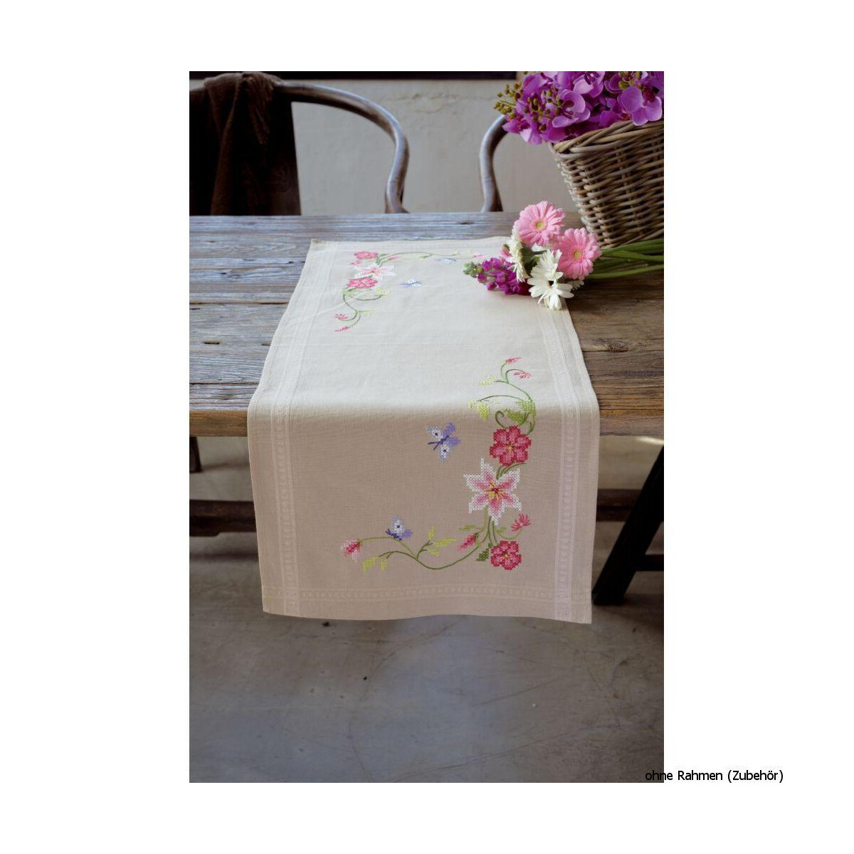 Vervaco tafelloper "Roze bloemen met vlinders",...