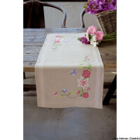 Vervaco tafelloper "Roze bloemen met vlinders", borduurpatroon getekend