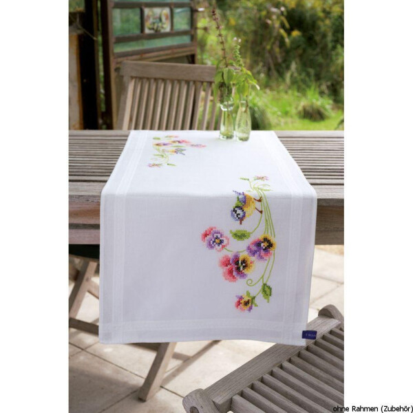 Vervaco table runner stitch embroidery kit Little Bird and pansies, stamped, DIY