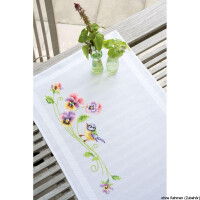 Vervaco table runner stitch embroidery kit Little Bird and pansies, stamped, DIY