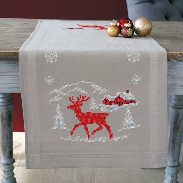 Cross stitch kit for making Xmas table runner DIY winter table decor Tablecloth with reindeer embroidery design