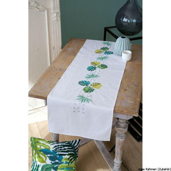 Печатная длинная скатерть Vervaco "Зеленые листья", предварительно нарисованный дизайн вышивки