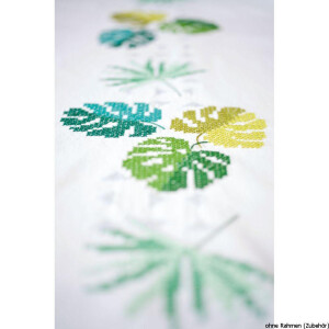 Vervaco Gedrukte lange tafelloper "Green Leaves", borduurpatroon getekend