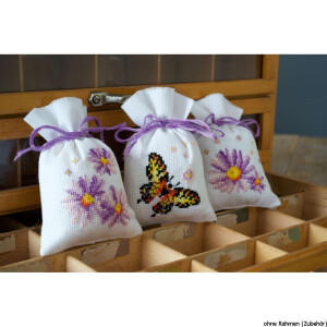 Vervaco counted herbal bags stitch kit Purple asters kit of 3, DIY