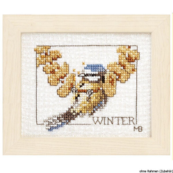 This artwork from Lanarte Embroidery Kit features a cross stitch bird sitting on a branch with yellow flowers, framed in a simple light colored wooden frame. WINTER is embroidered in brown thread in the lower right corner, along with the initials MB. The scene is depicted on a plain white background.