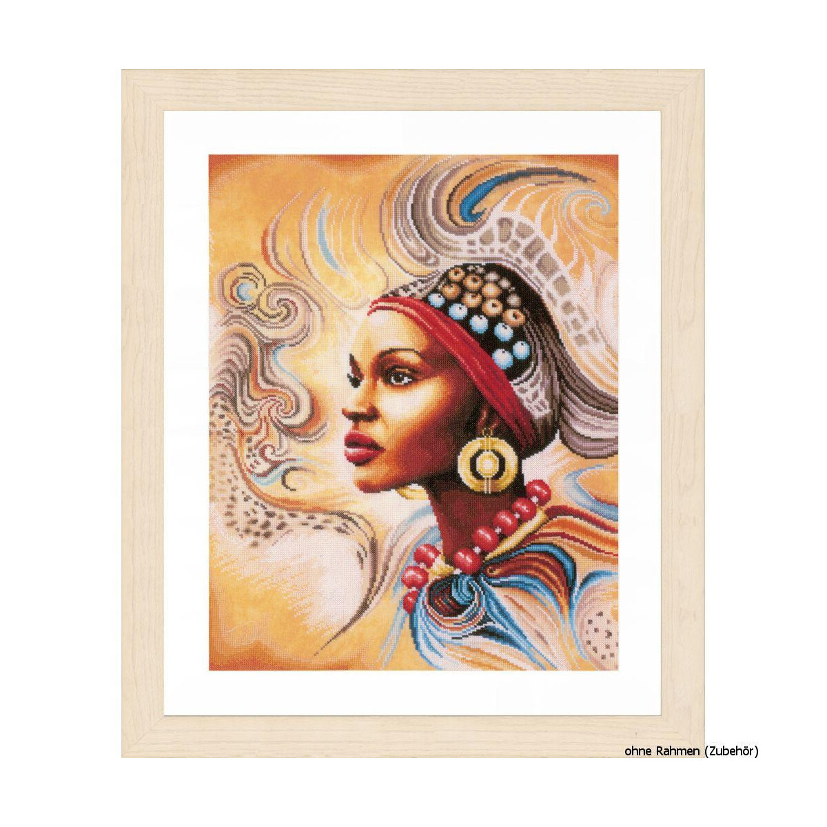 Een ingelijst kunstwerk getiteld African Woman toont een...