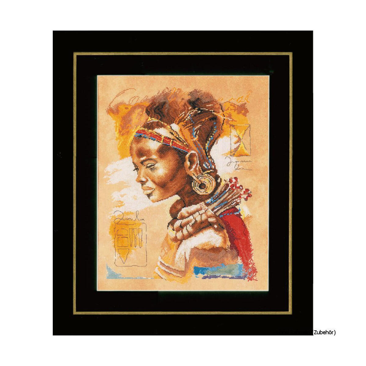 A framed artwork shows the side profile of a woman...