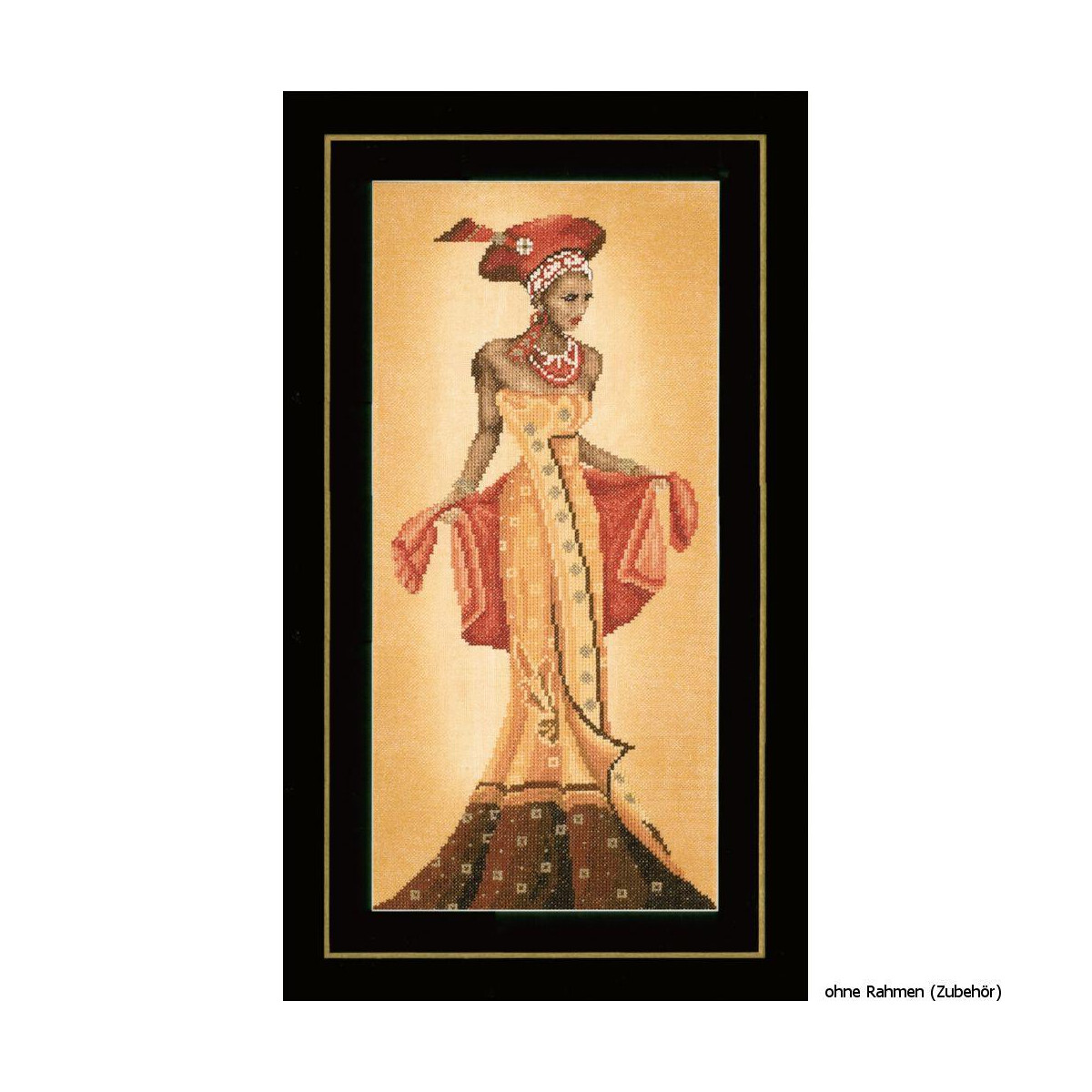A vertical artwork of an elegantly dressed woman in a...
