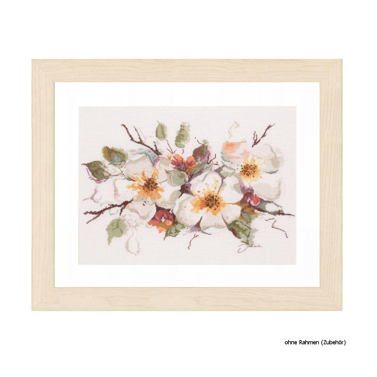 A framed floral cross stitch artwork or lanarte...