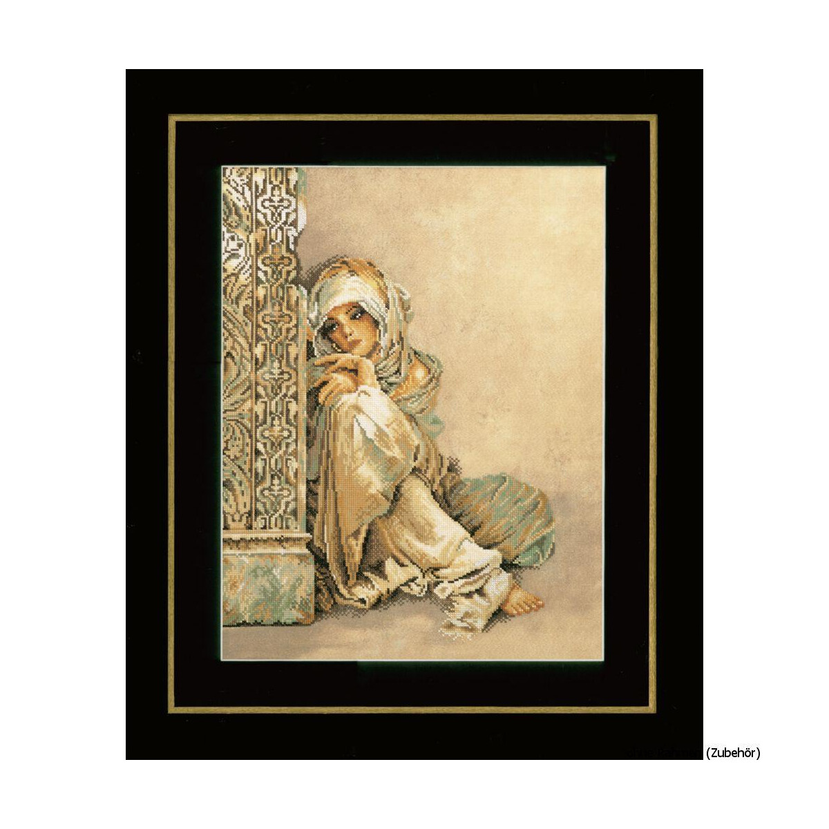 A framed artwork shows a person in traditional dress...