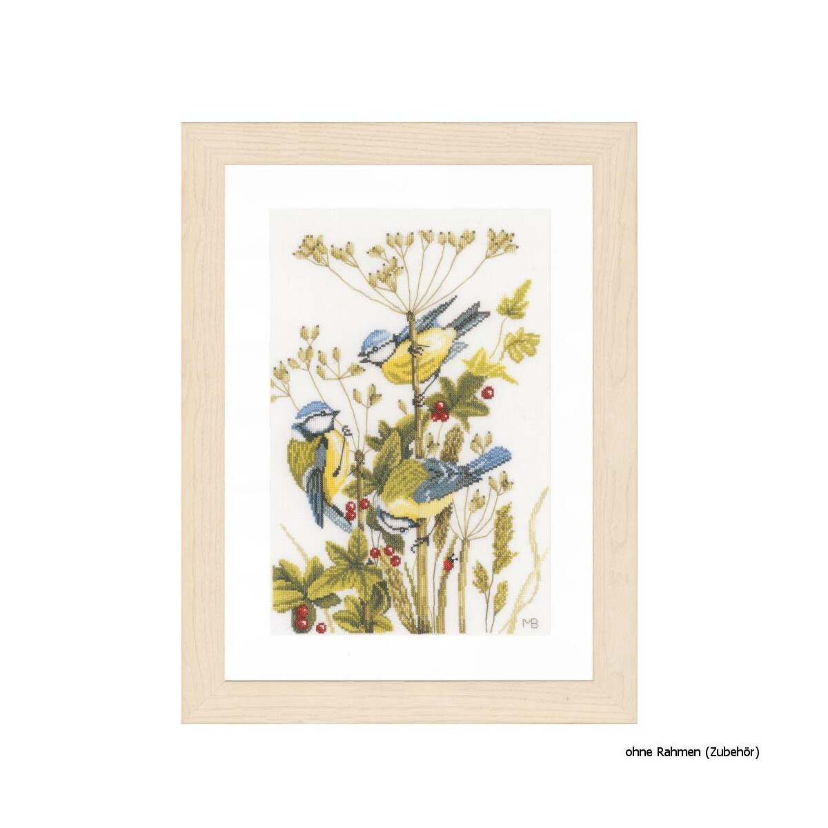 Framed embroidered picture with four colorful birds, two...