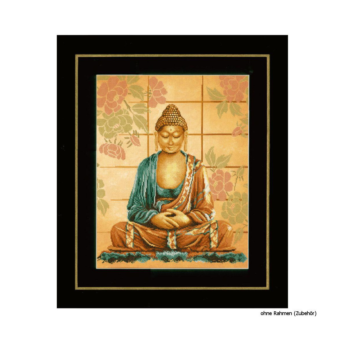 A framed painting of a serene Buddha in meditation,...