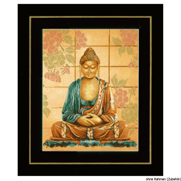 A framed painting of a serene Buddha in meditation, adorned with a blue-green and orange robe reminiscent of Lanarte embroidery wrap. The background features a subtle pattern of large pastel flowers in shades of pink, orange and green over a light brown grid. The text without frame (accessories) is visible in the bottom right-hand corner.