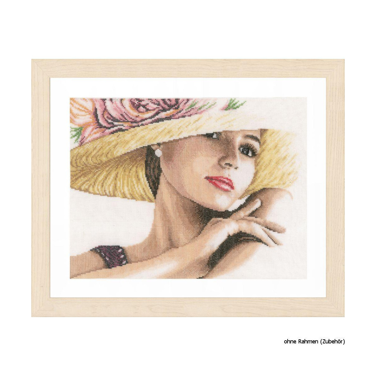 A framed Lanarte embroidery pack artwork of a woman...