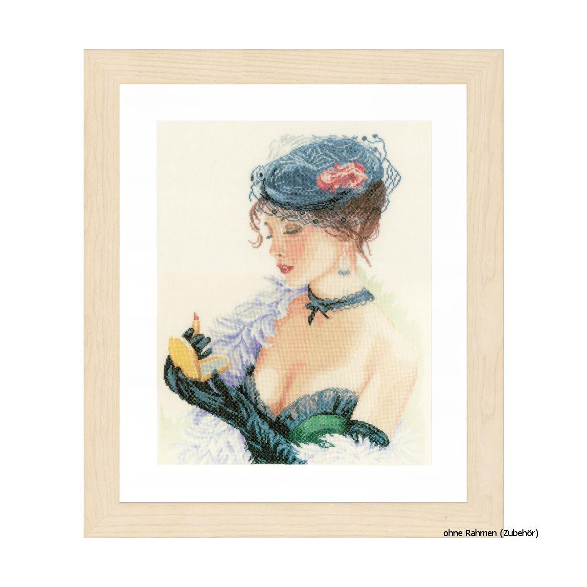 A framed painting of a woman in vintage clothing. She is...