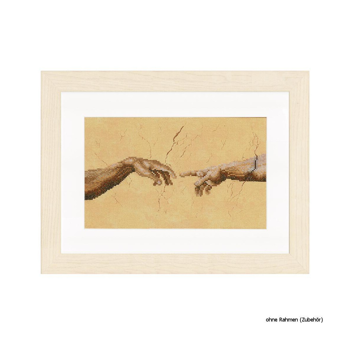 A framed artwork by Lanarte Stickpackung shows two hands...