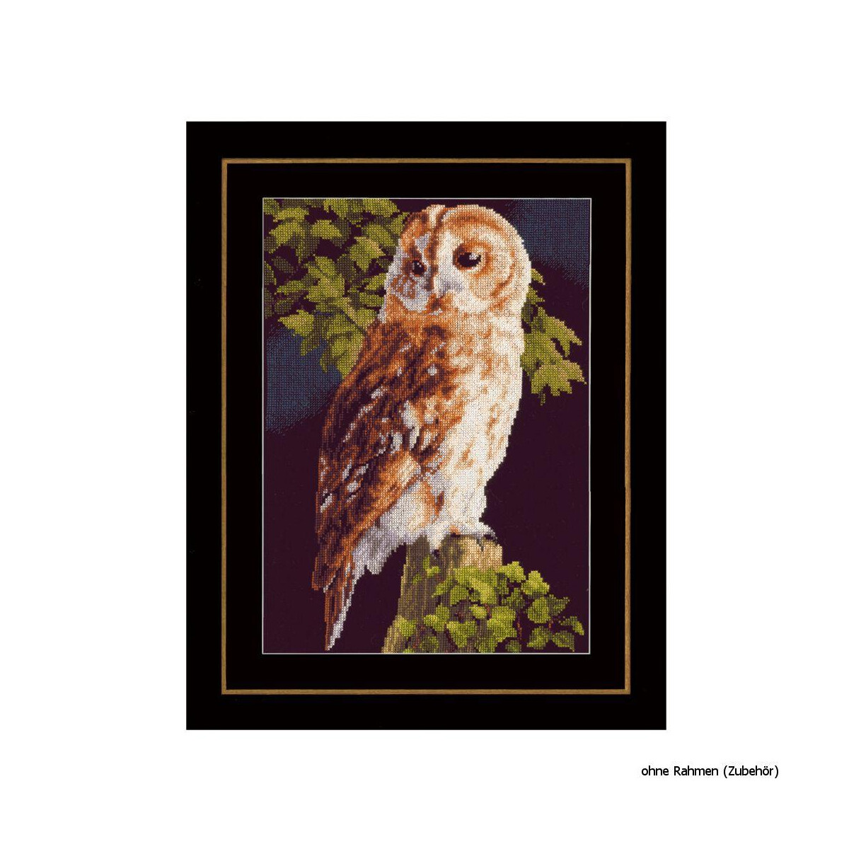 A cross stitch artwork of a brown owl sitting on a branch...