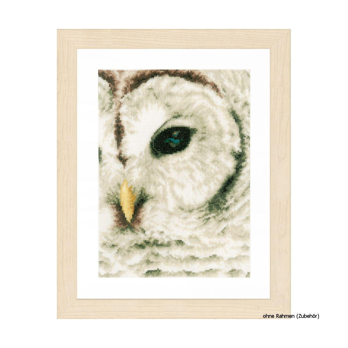 A framed painting of an owls face, emphasizing the large...