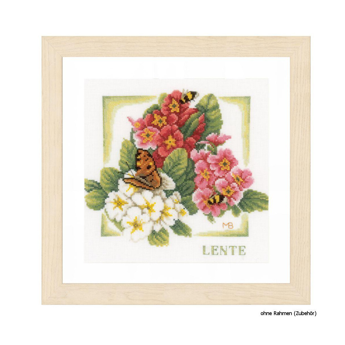 Cross-stitch artwork in a light-colored wooden frame. It...