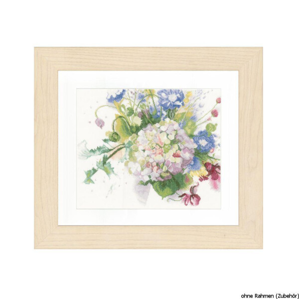 A framed floral watercolor with a bouquet of different flowers, including hydrangeas and various blossoms in shades of blue, pink and purple. The frame is made of light-colored wood and is surrounded by a wide white mat. In the bottom right corner it says without frame (accessories). Perfect as an addition to your embroidery pack by Lanarte collection.