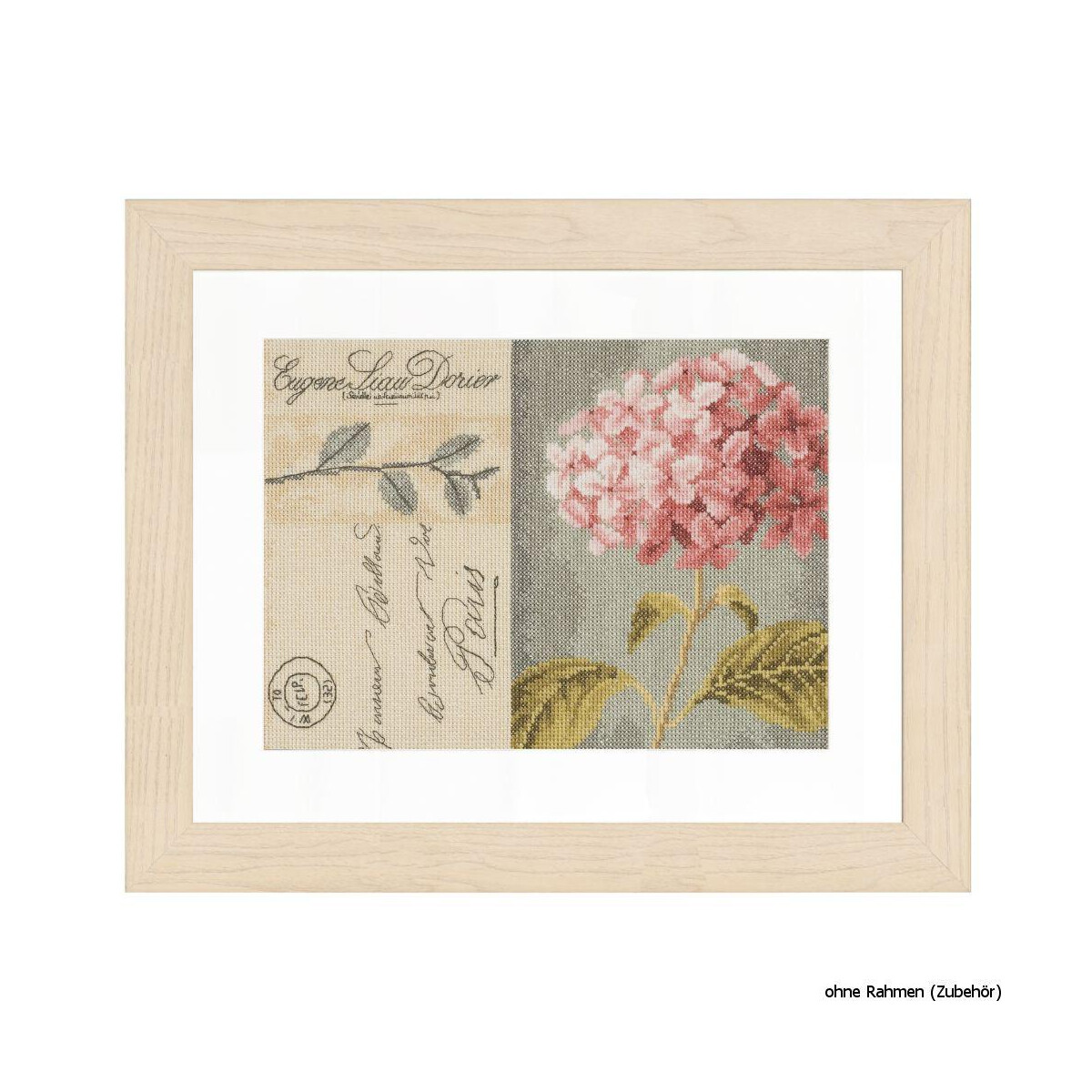 Een ingelijst kunstwerk toont een roze hortensiabloem met...