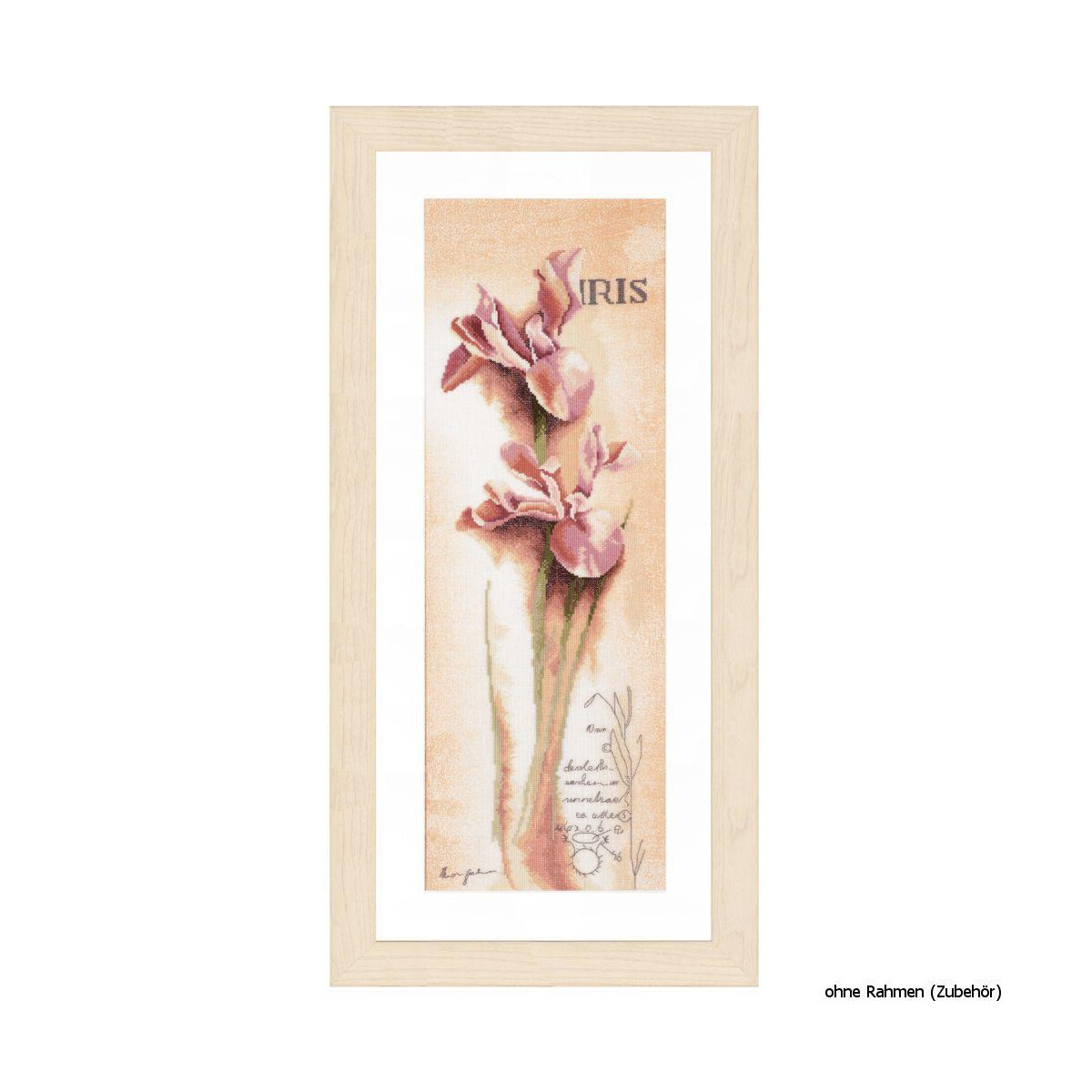 Een borduurpakket van Lanarte met twee roze irisbloemen...