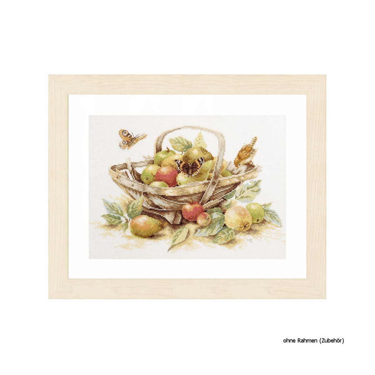 A framed picture shows a basket with various fruits such...