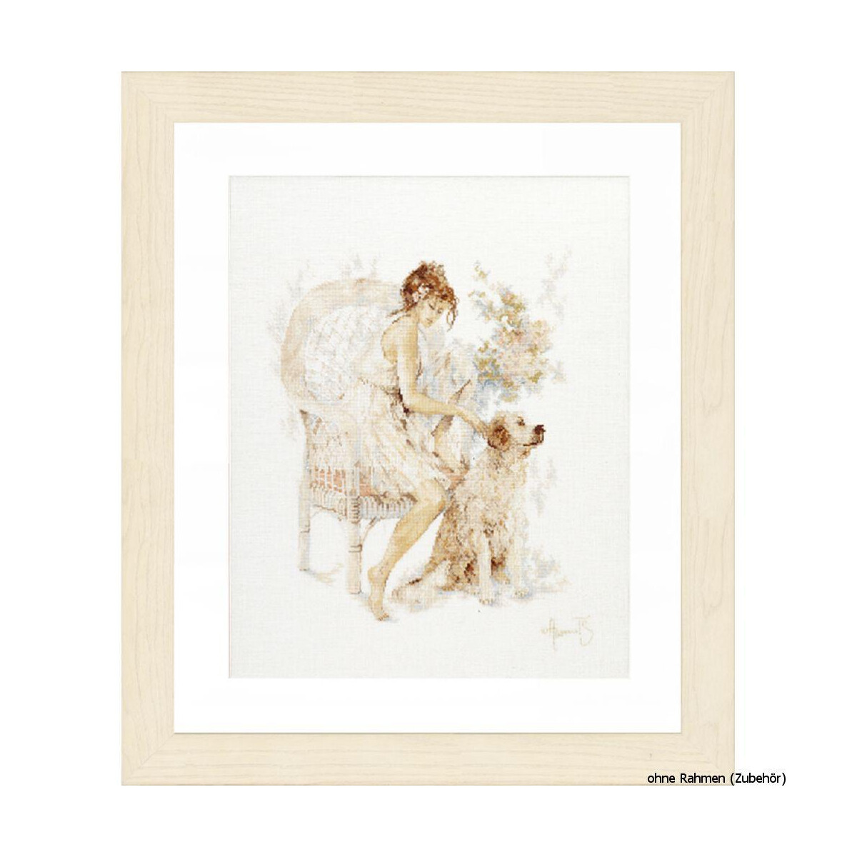 Een ingelijst kunstwerk toont een jonge vrouw zittend op...