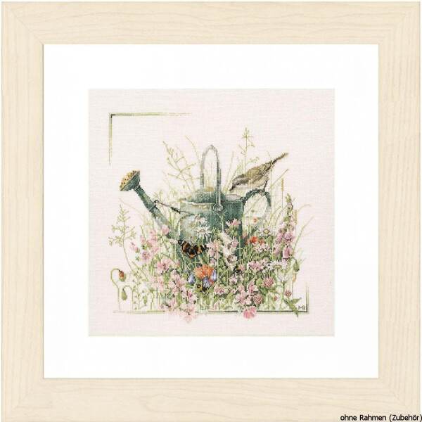 Framed embroidery with a watering can surrounded by blooming flowers and green plants. The design, created with intricate cross-stitch techniques, includes detailed plants and subtle colors. Set against a light background with the text without frame (accessory) in the bottom right corner, meaning without frame (accessory), this is Lanartes embroidery pack.
