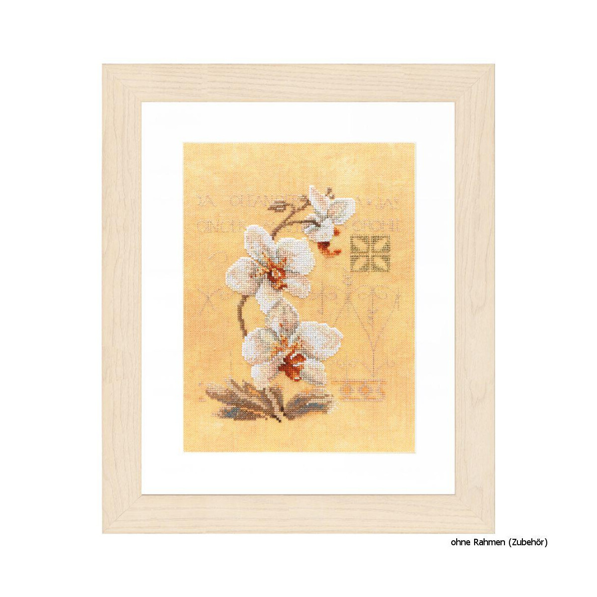 A framed cross-stitch artwork shows two white orchids...