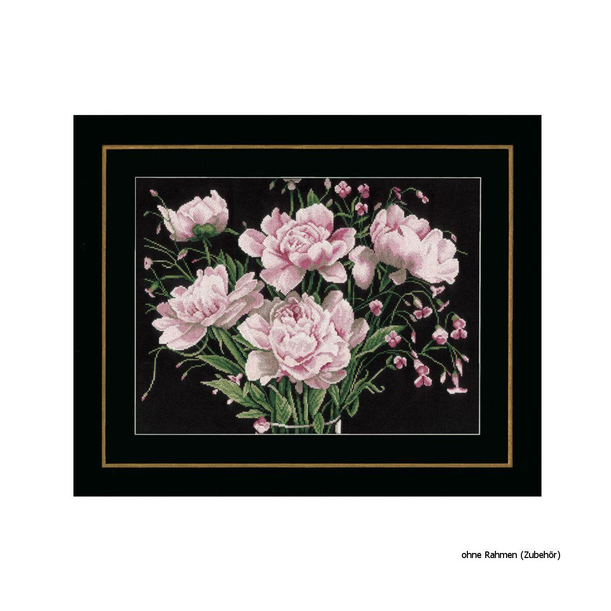 A detailed embroidery artwork features a bouquet of pink...