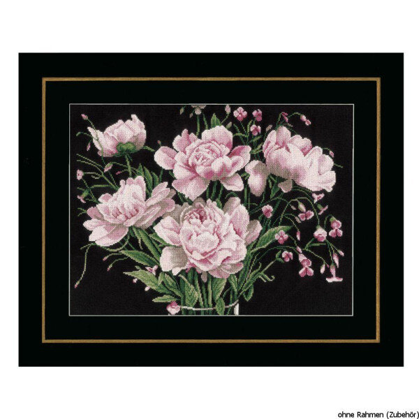 A detailed embroidery artwork features a bouquet of pink peonies with green leaves and small pink buds on a black background. The piece was created using exquisite Lanarte embroidery packing techniques and is surrounded by a black and gold frame with a surrounding white border. The text in the bottom right corner reads without frame (accessory).