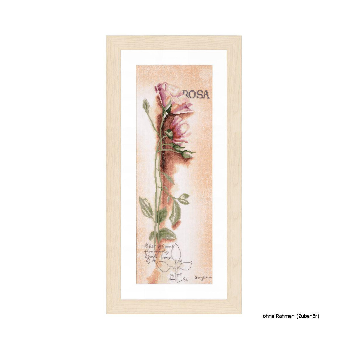 The framed vertical artwork shows a pink rose with buds...