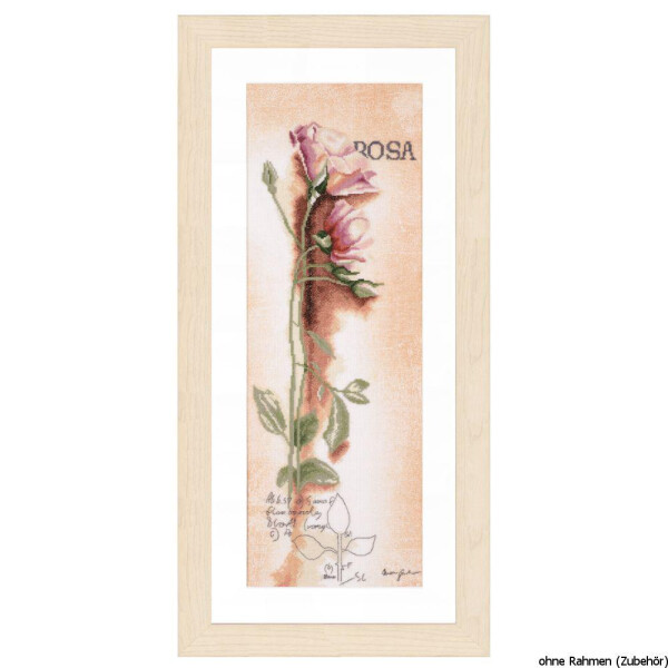 The framed vertical artwork shows a pink rose with buds and leaves against a light brown background. ROSA is written in the top right-hand corner. Below the rose is a small sketched flower and cursive handwriting reminiscent of cross-stitch patterns. The wooden frame is light in color and the text at the bottom reads without frame (accessory). This product is an embroidery pack from Lanarte.