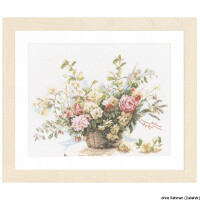 A framed picture of a detailed floral cross stitch embroidery (embroidery pack) by Lanarte. The design shows an arrangement of different flowers, including white, pink and yellow blossoms, with lush green foliage. The basket with the flowers is depicted on a white background. The text in the bottom corner reads without frame (accessories).