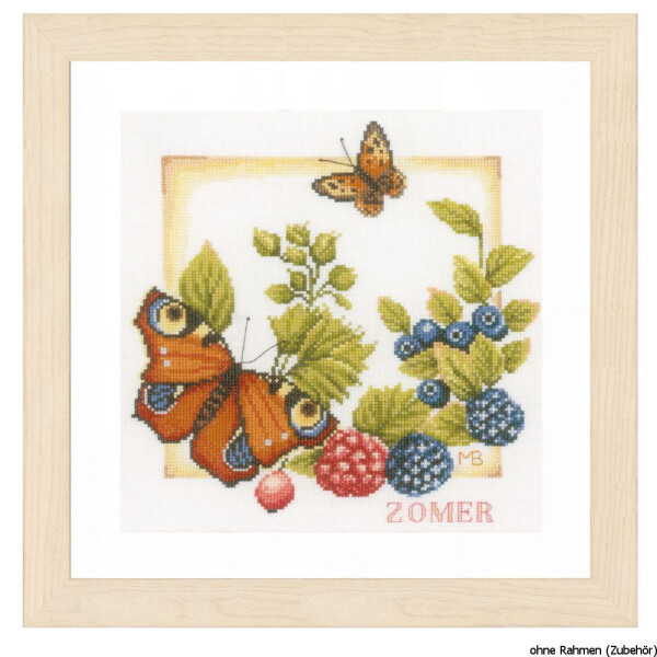 A framed cross-stitch embroidery (embroidery pack) by Lanarte shows two butterflies, various leaves, red and blue berries and a small branch. The word Zomer (Dutch for summer) is embroidered at the bottom. The embroidery pack embroidery has a white background and is framed by a simple light-colored wooden frame.