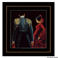 A stylized image shows a man and a woman in traditional Spanish dress. The man, shown from behind, is wearing an ornate blue and gold bullfighters suit. The woman looks forward and wears a red flamenco dress with ruffles and flowers in her hair against a black background reminiscent of Lanarte embroidery.