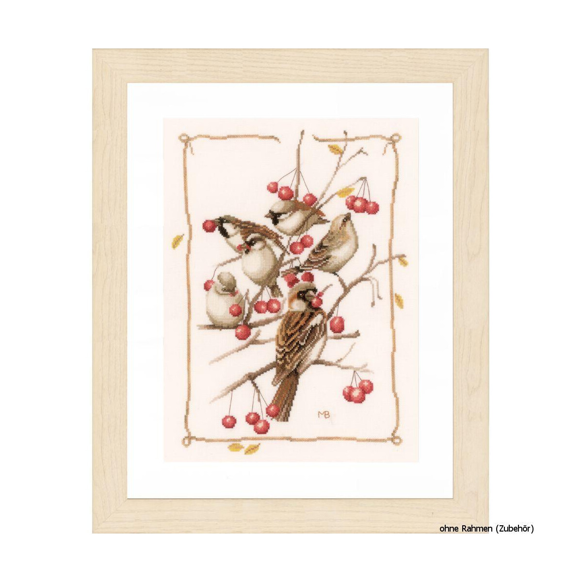 A framed work of art shows five birds sitting on branches...