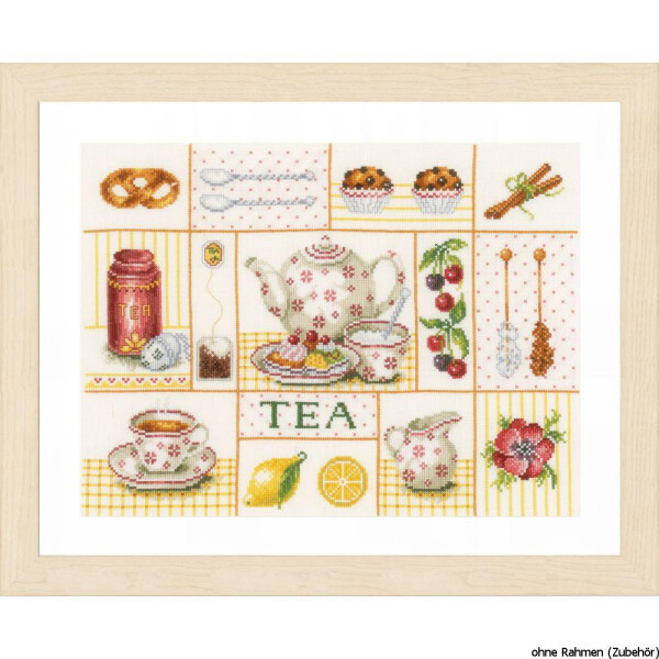 A framed cross stitch artwork features a tea theme and shows cross stitch designs of a teapot, teacups, a honey jar, a tea bag, lemon slices, pastries, cherries, cinnamon sticks and a flower. The background is made up of pastel colored squares that add an intricate and homey touch to the Lanarte embroidery pack.