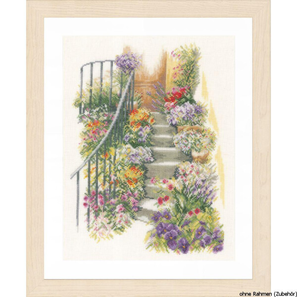 A detailed work of art from Lanarte embroidery pack with a light wood border shows a curved iron staircase decorated on both sides with bright flowers in pots. The floral arrangement includes various colorful blooms in purple, yellow, red and pink.