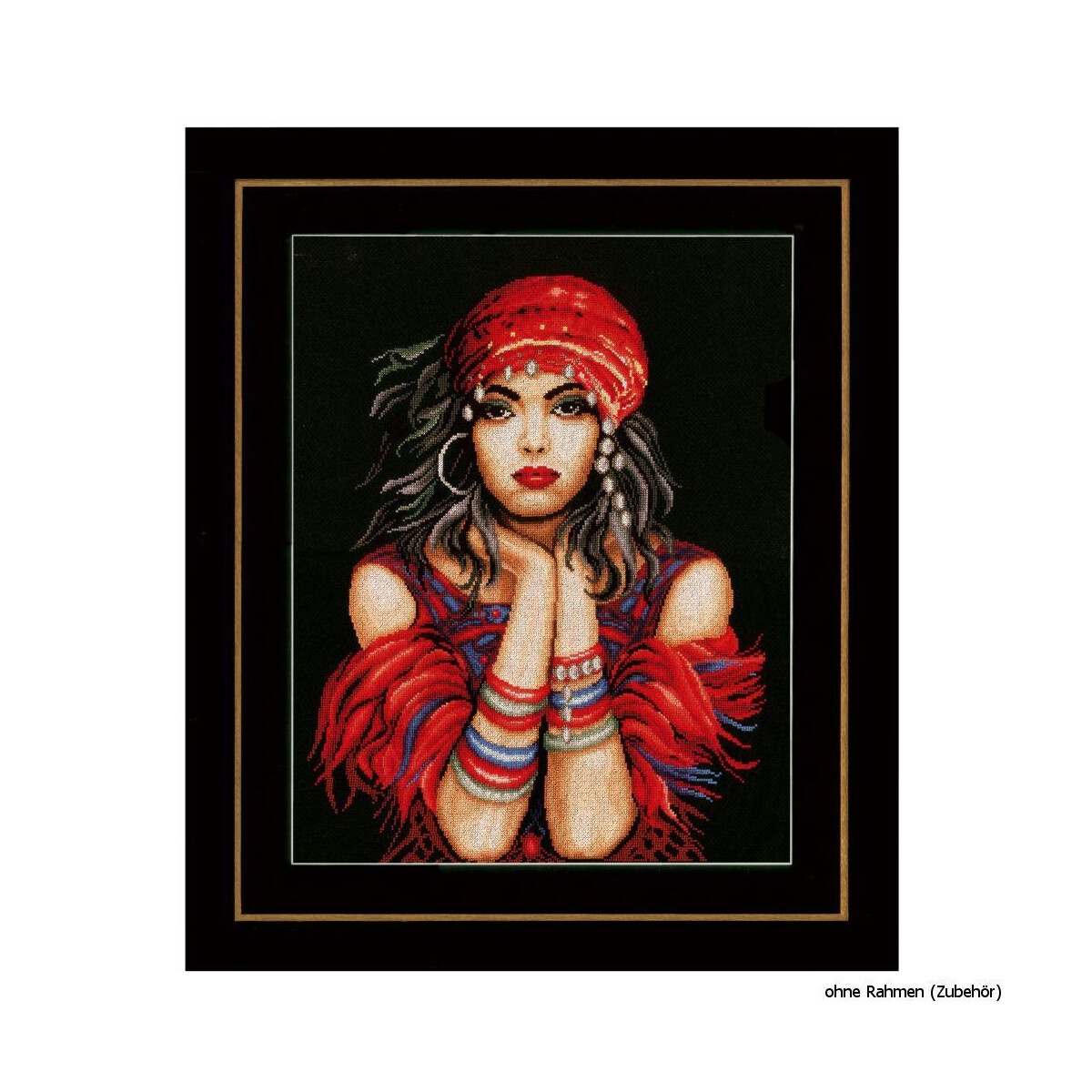 Embroidered picture of a woman with long dark hair...