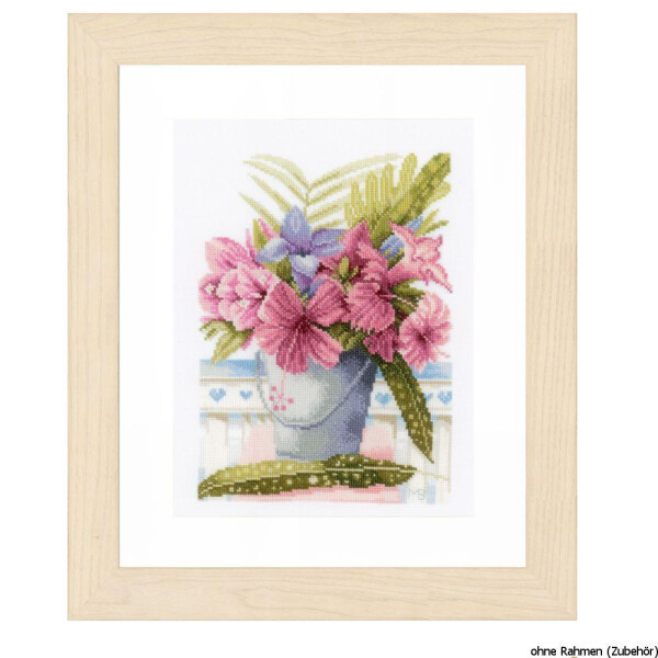 Lanarte cross stitch kit "bucket with pink flowers Aida", counted, DIY