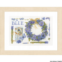 Lanarte cross stitch kit "lavender wreath with blue tit" evenweave fabric, counted, DIY